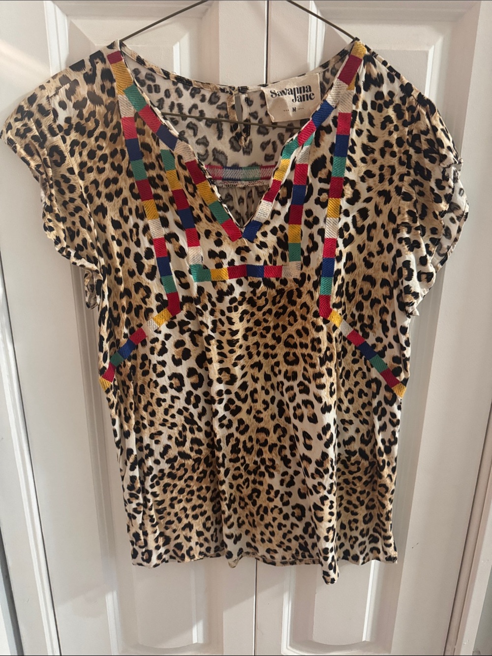 Savanna Jane Leopard Print V-Neck Top with Multicolor Embroidered Trim